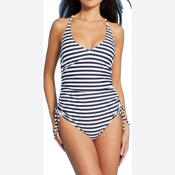 Kona Sol Size M Side-Cinch High Coverage One Piece Swimsuit Blue Stripe Beach - Picture 1 of 14